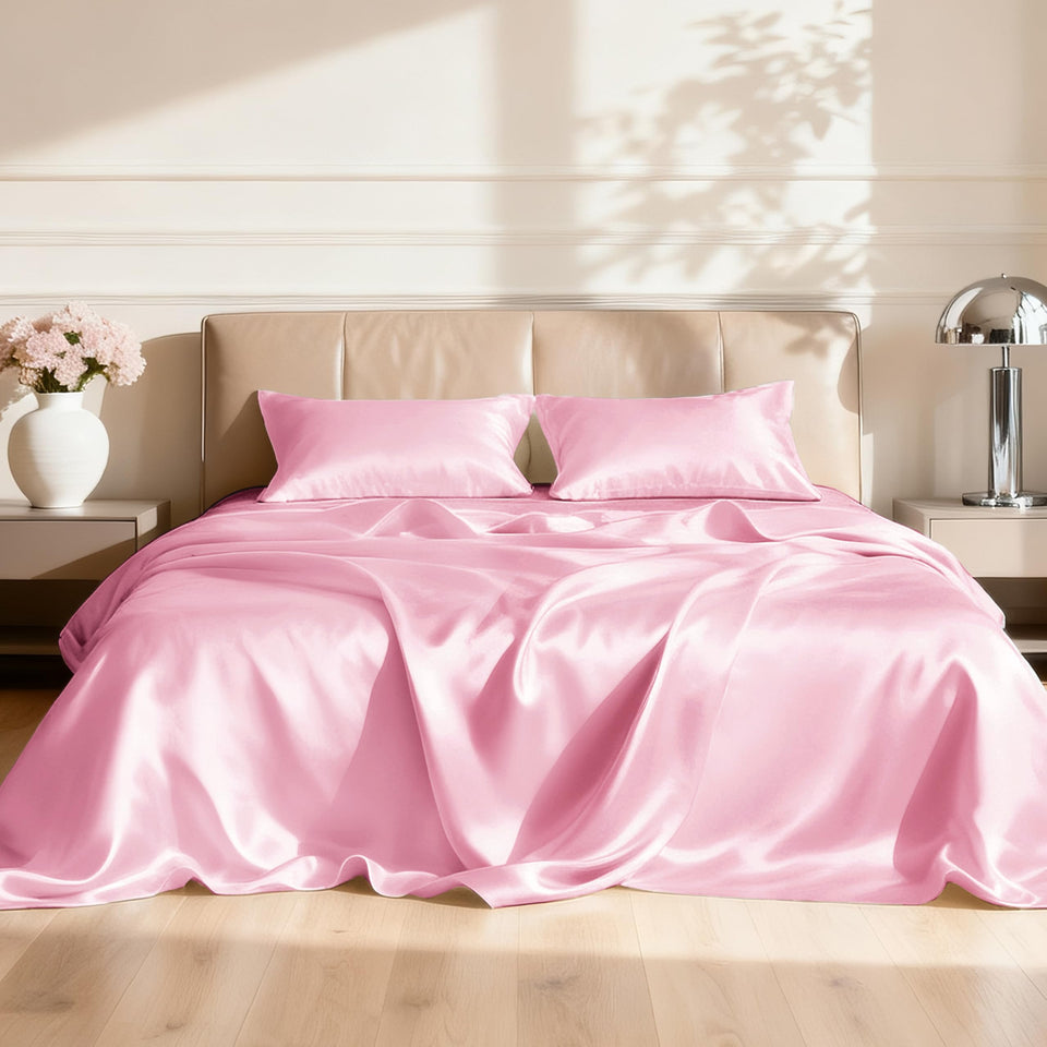 Love's cabin satin king flat sheet close-up with silky finish and cool comfort.