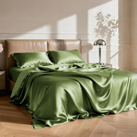 Love's cabin satin queen fitted sheet showing deep-pocket fit up to 14 inches