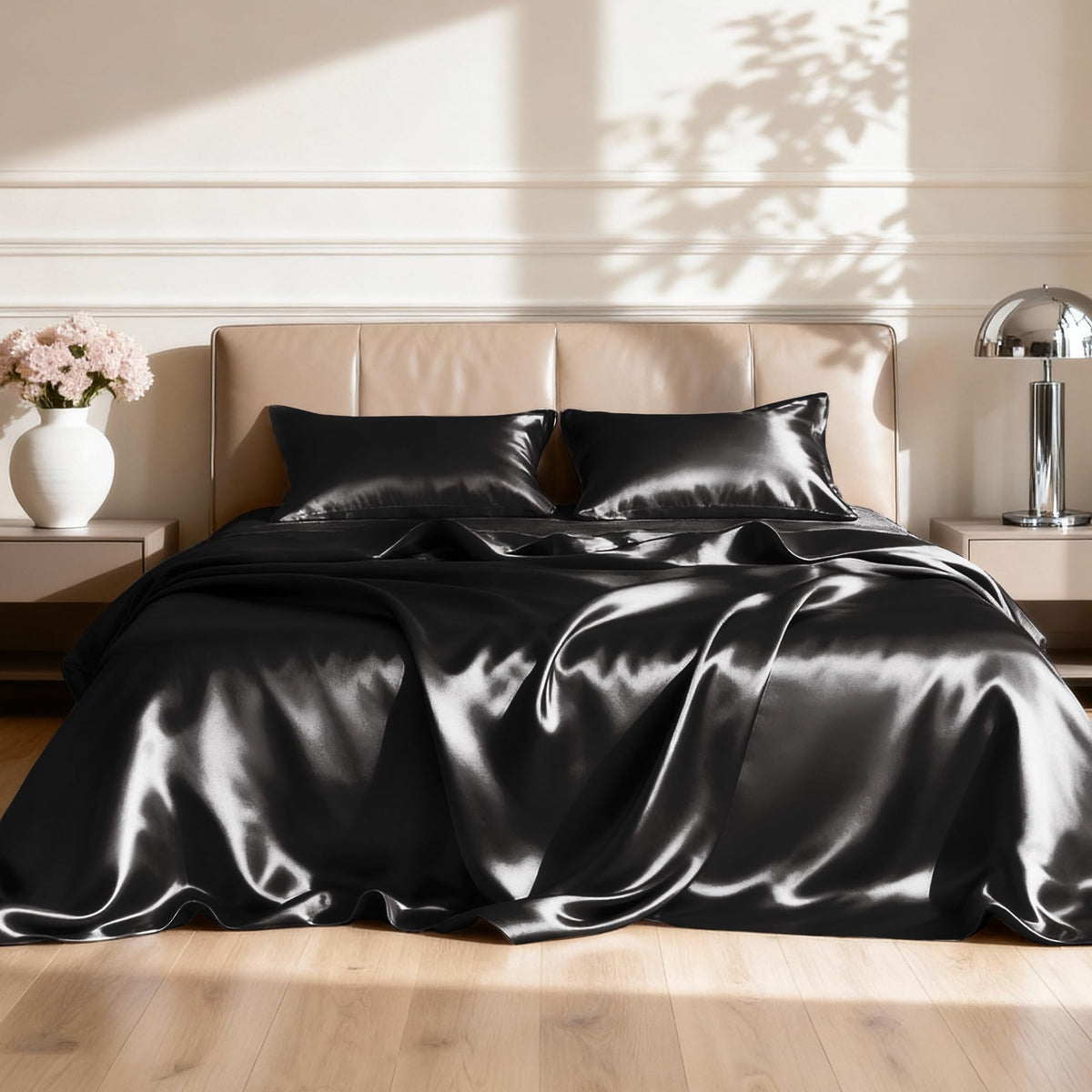 Love's cabin satin queen fitted sheet with deep pockets for a secure fit.