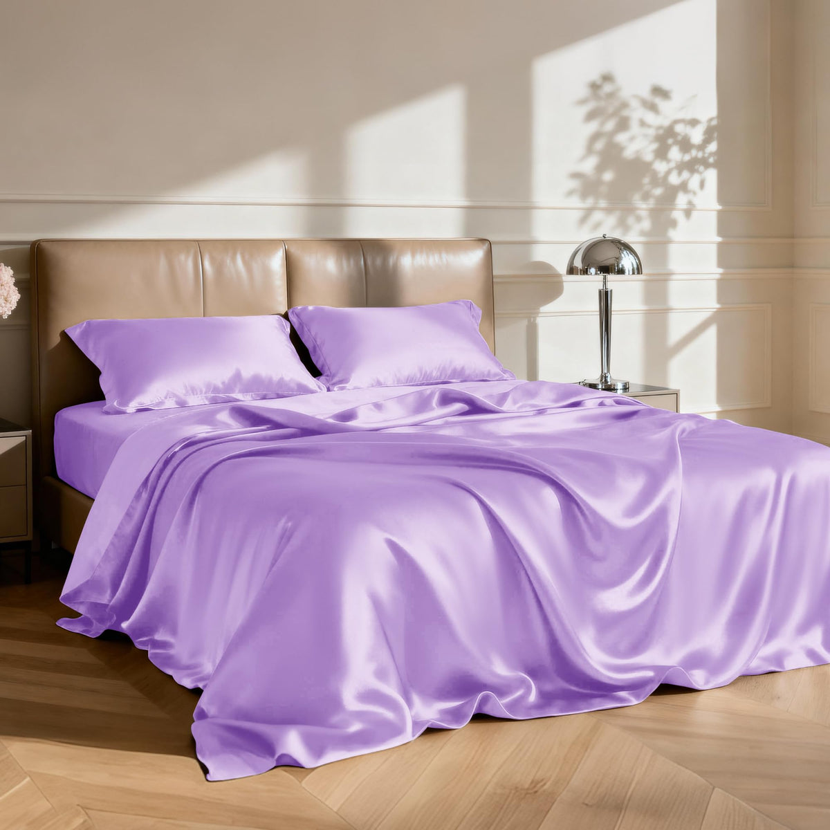 Love's Cabin satin queen fitted sheet emphasizing snug fit on deep mattresses.