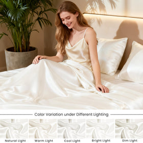 Love's cabin satin queen pocket detail emphasizes up to 14-inch pocket depth.