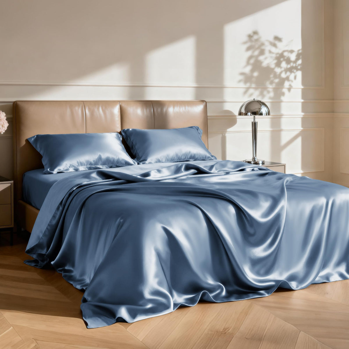Love's cabin satin queen fitted sheet in ash blue with deep pocket stays snug.
