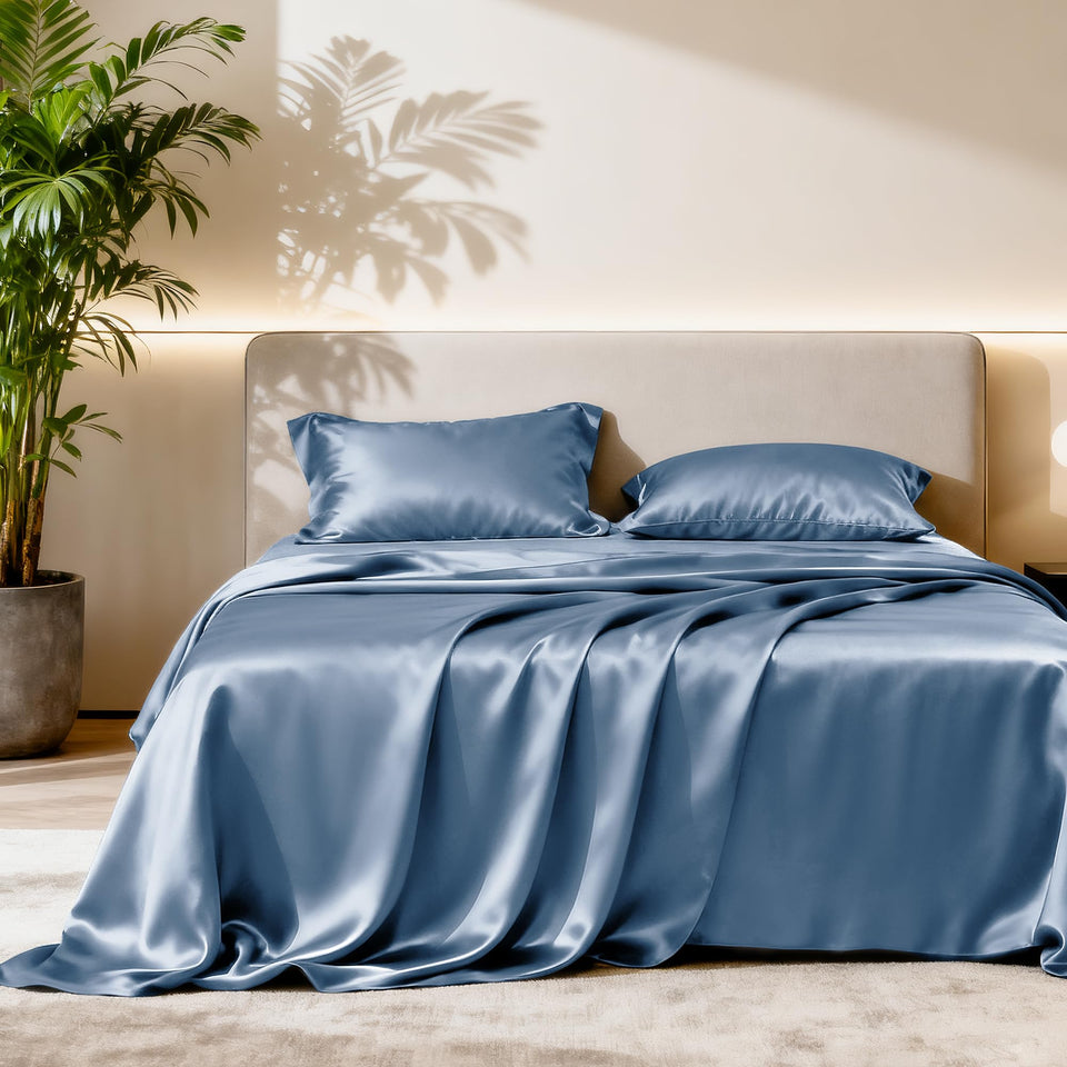 Love's cabin satin queen flat sheet in ash blue for a silky, cool night's sleep.