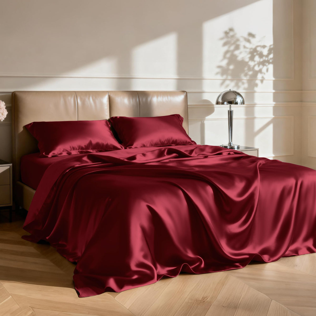 Love's Cabin satin queen fitted sheet burgundy with deep pockets for secure fit