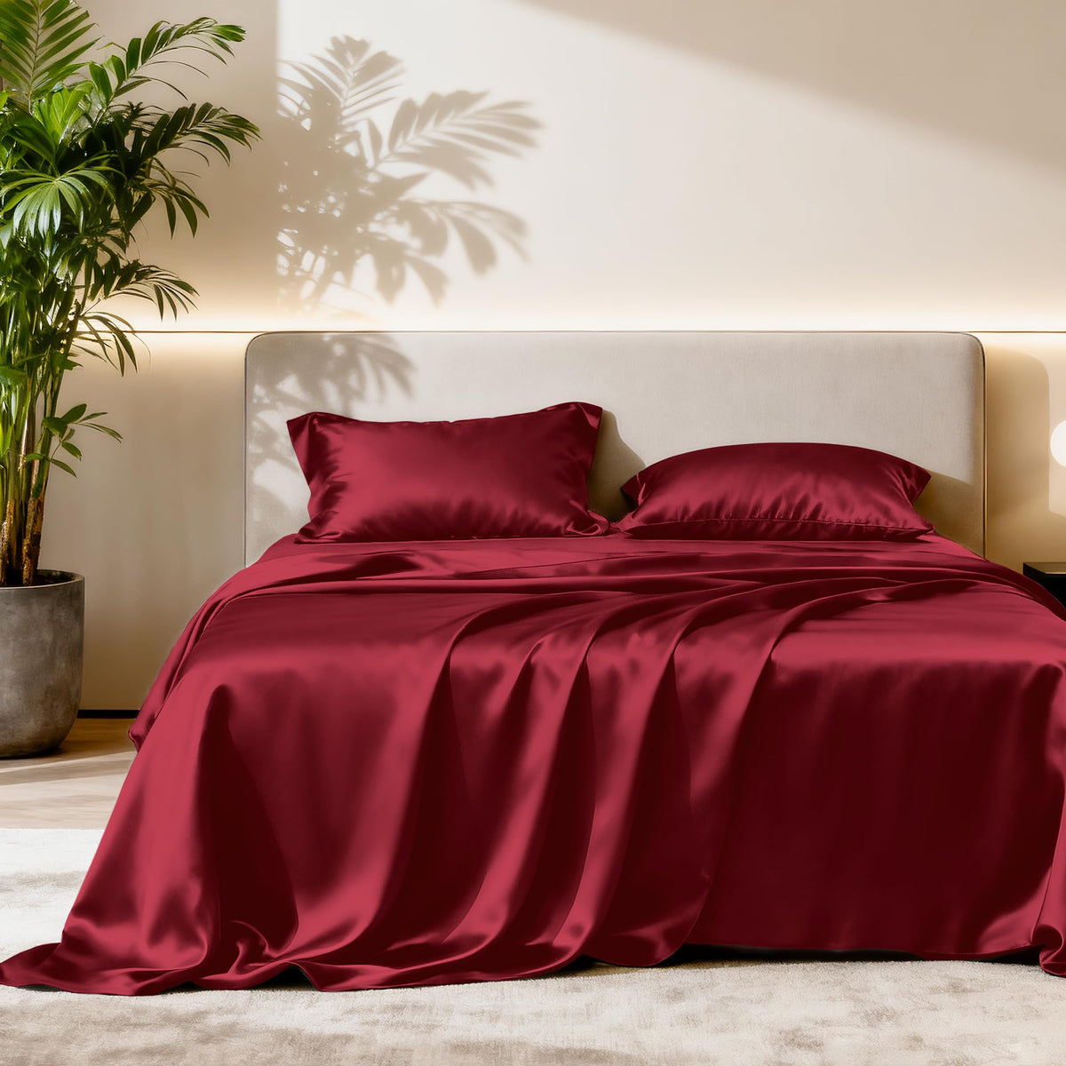 Love's Cabin satin queen flat sheet burgundy with silky texture for smooth sleep
