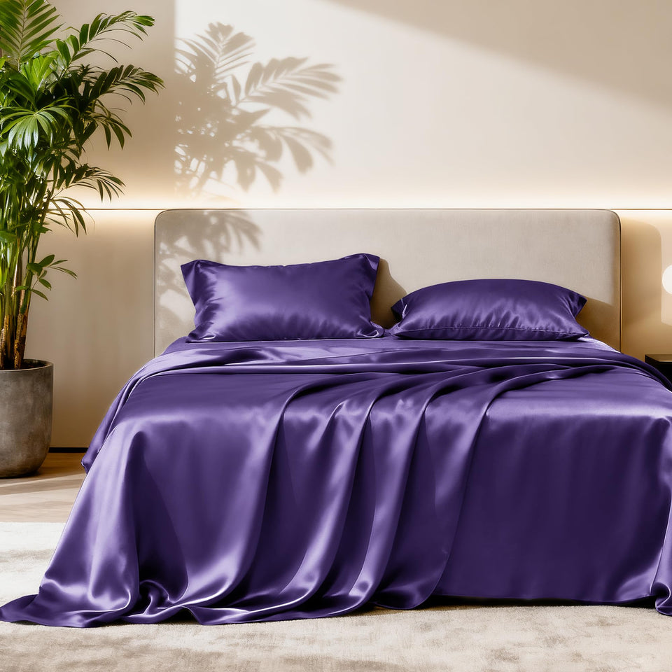 Love's cabin satin queen sheets set purple on bed, luxurious feel for a restful night.