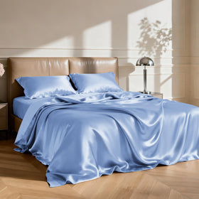 Love's cabin satin sheets on bed full size sky blue, silky surface for gentle sleep.