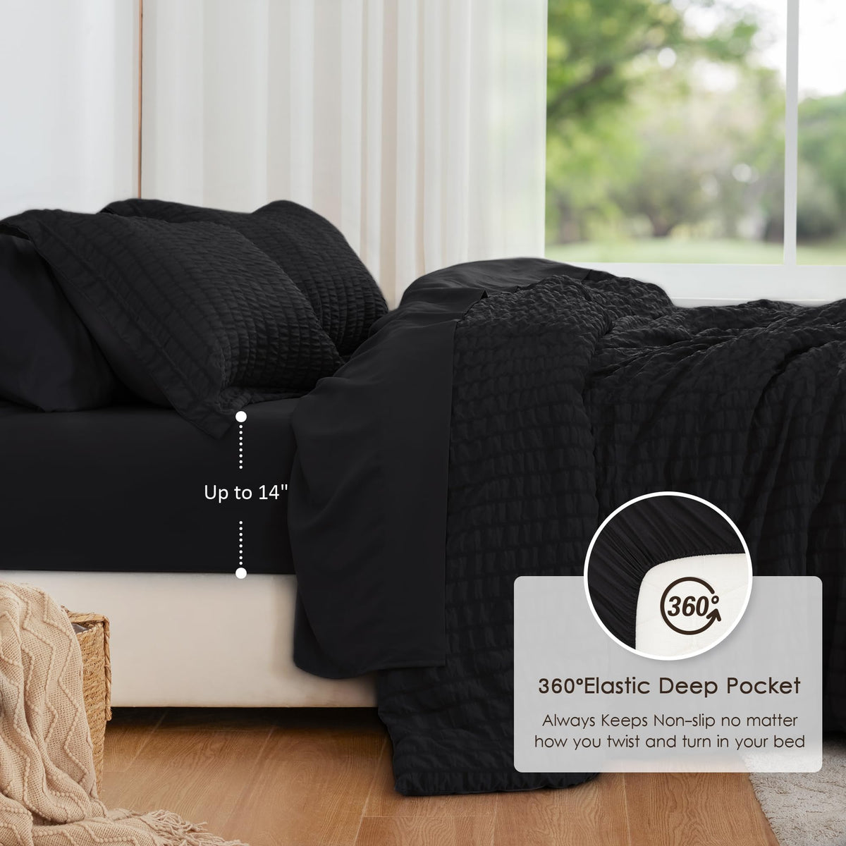 Love's cabin seersucker black twin fitted sheet close-up highlights secure fit