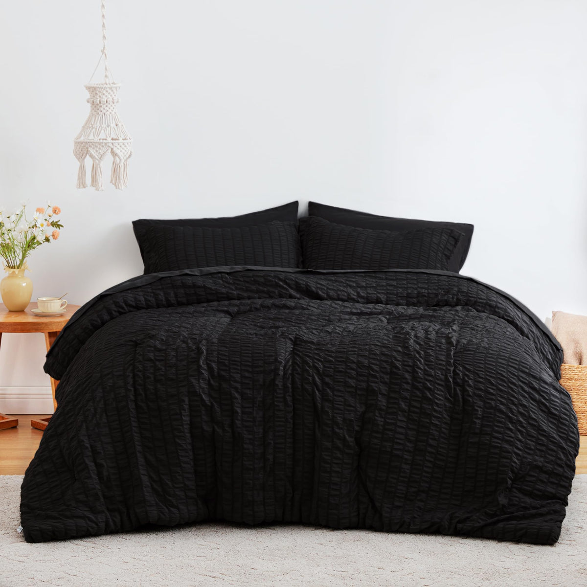 Love's cabin seersucker black twin flat sheet close view for smooth, breathable bedding