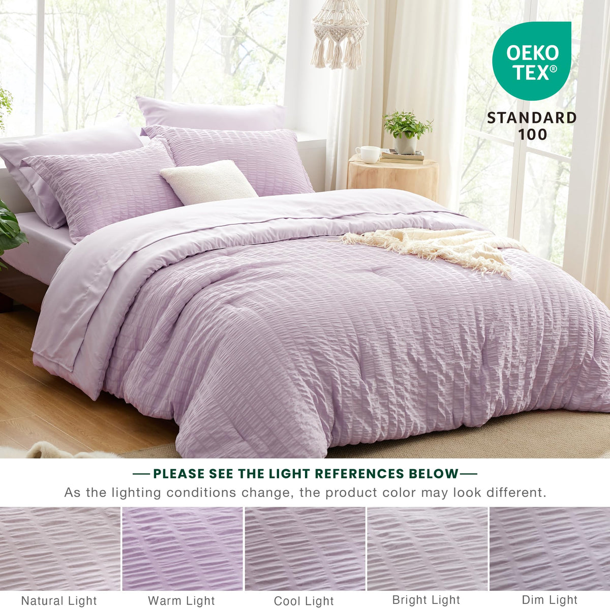 Love's cabin seersucker lavender bedding on bed shows all-season comfort