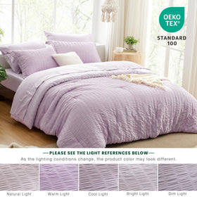 Love's cabin seersucker lavender bedding on bed shows all-season comfort