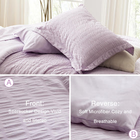 Love's cabin seersucker lavender pillow sham closeup displays coordinated pattern