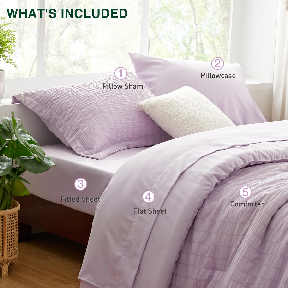 Love's cabin seersucker lavender pillowcase closeup highlights smooth hypoallergenic fabric