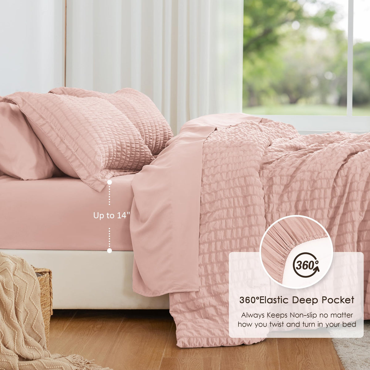 Love's Cabin Seersucker Pink twin fitted sheet stays secure through the night