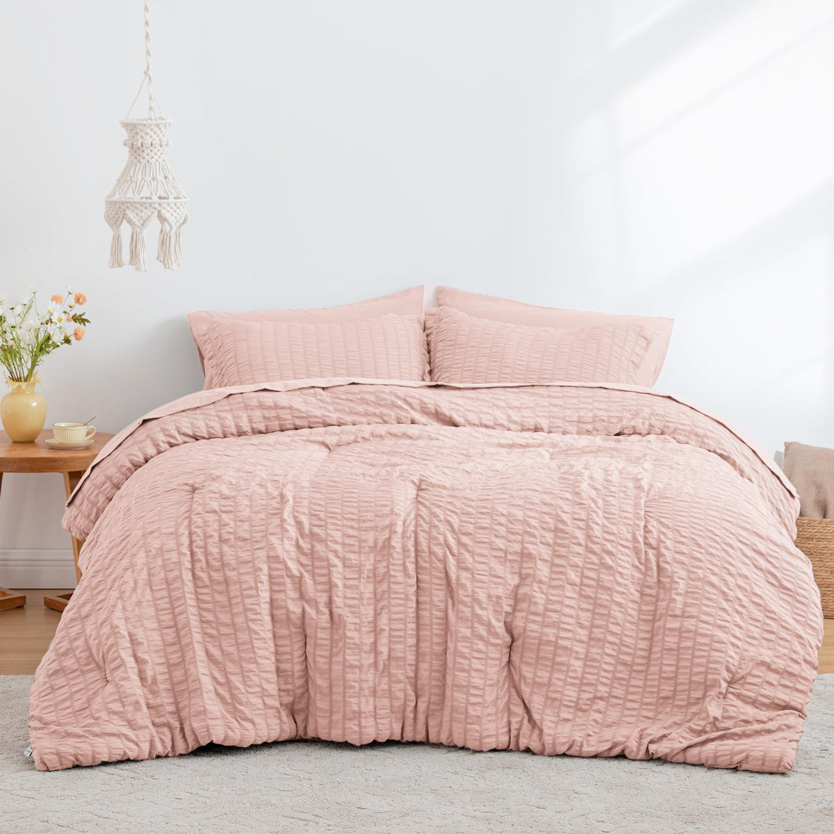 Love's Cabin Seersucker Pink twin flat sheet provides breathable comfort under bedding