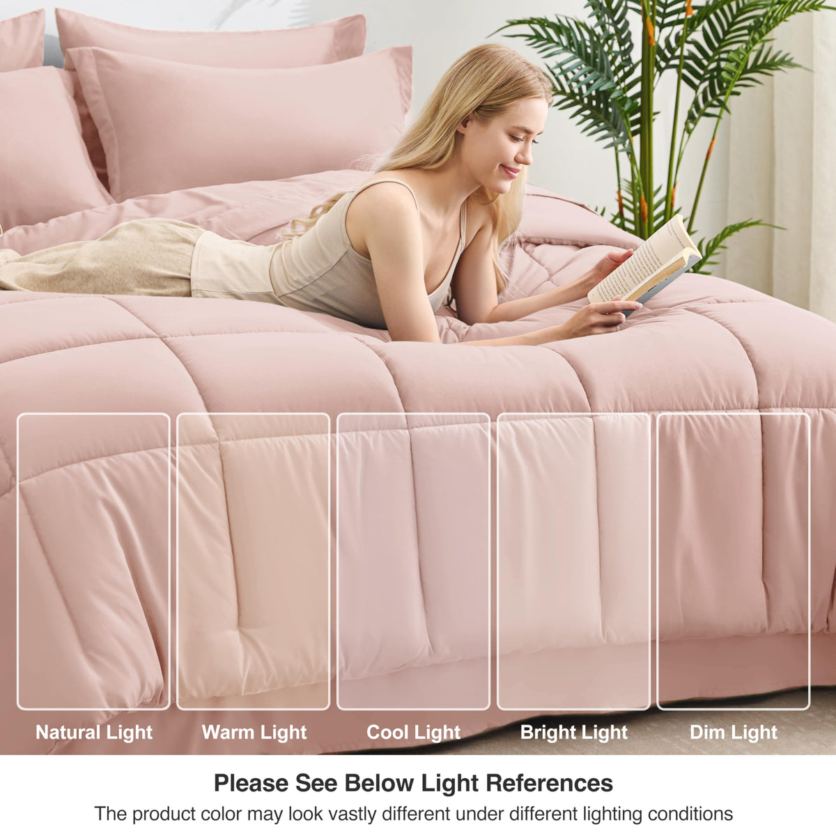 Love's cabin blush pink comforter draped to highlight light yet warm feel