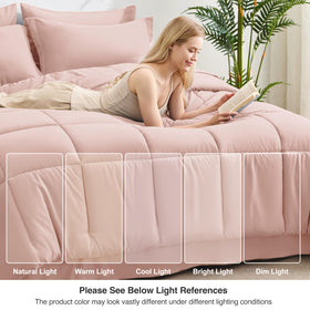 Love's cabin blush pink comforter draped to highlight light yet warm feel