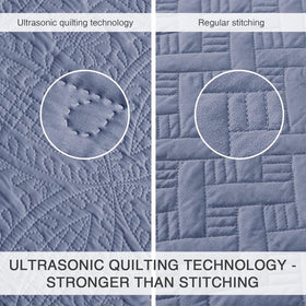 Love's cabin coin-pattern coverlet closeup highlights embossed texture and durability.