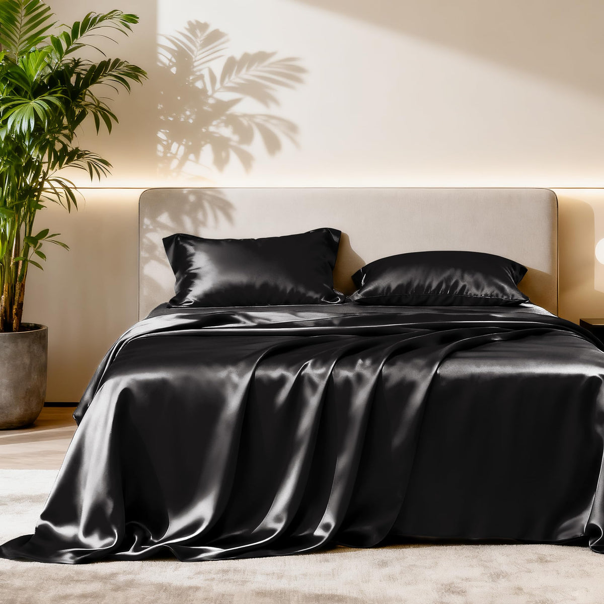 Love's cabin fullsize satin sheet set in black fitted sheet; deep pocket ensures snug mattress fit.