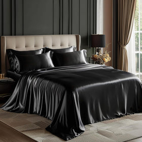 Love's cabin fullsize satin sheet set in black flat sheet; smooth surface reduces hair friction.