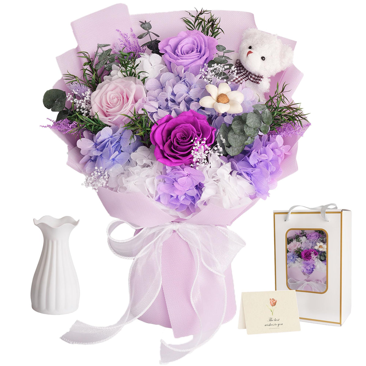 LOVEXIRAN preserved bouquet with bear in gift box for lasting decor