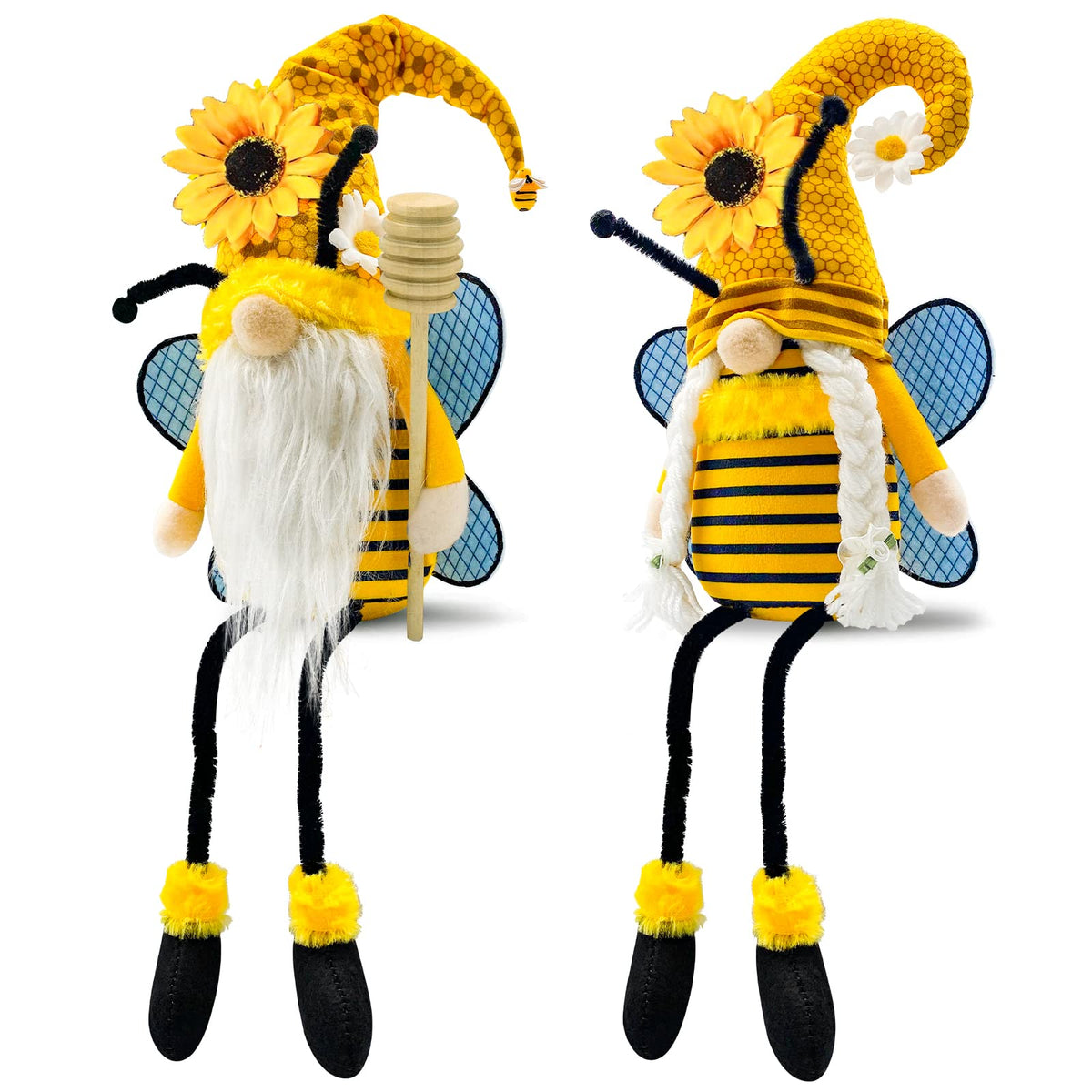 Lovinland bee sunflower gnomes 2-pack on a shelf add spring charm