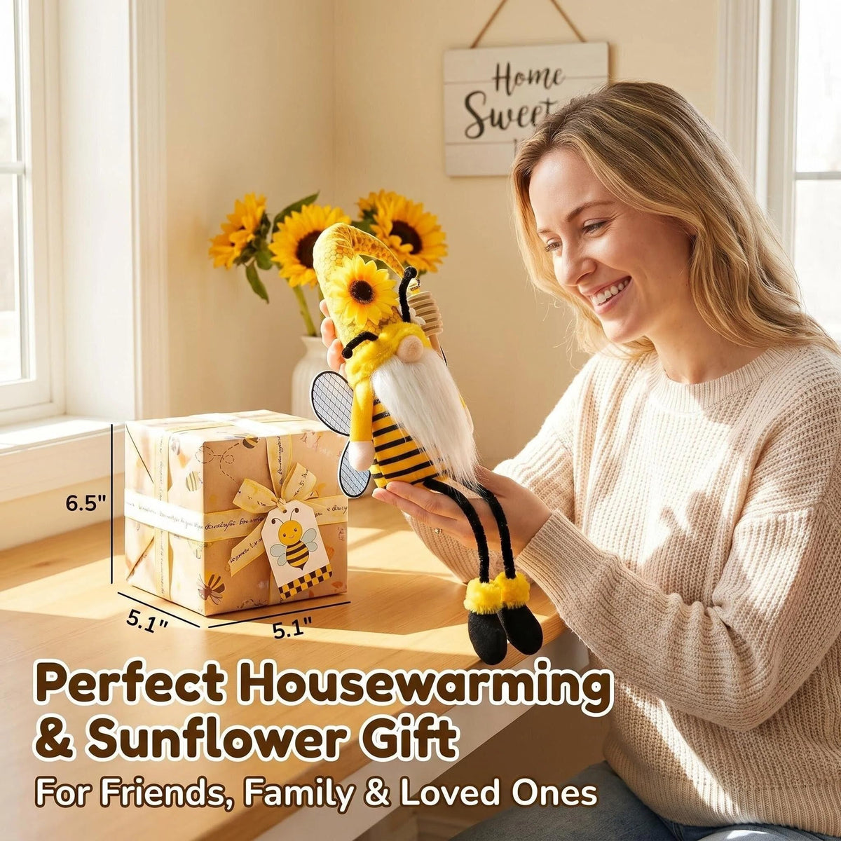 Lovinland sunflower accent gnome on shelf brightens office decor