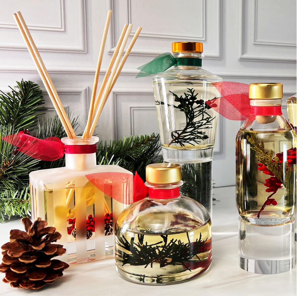 Room-deodorizer with sticks shown on a stylish shelf.