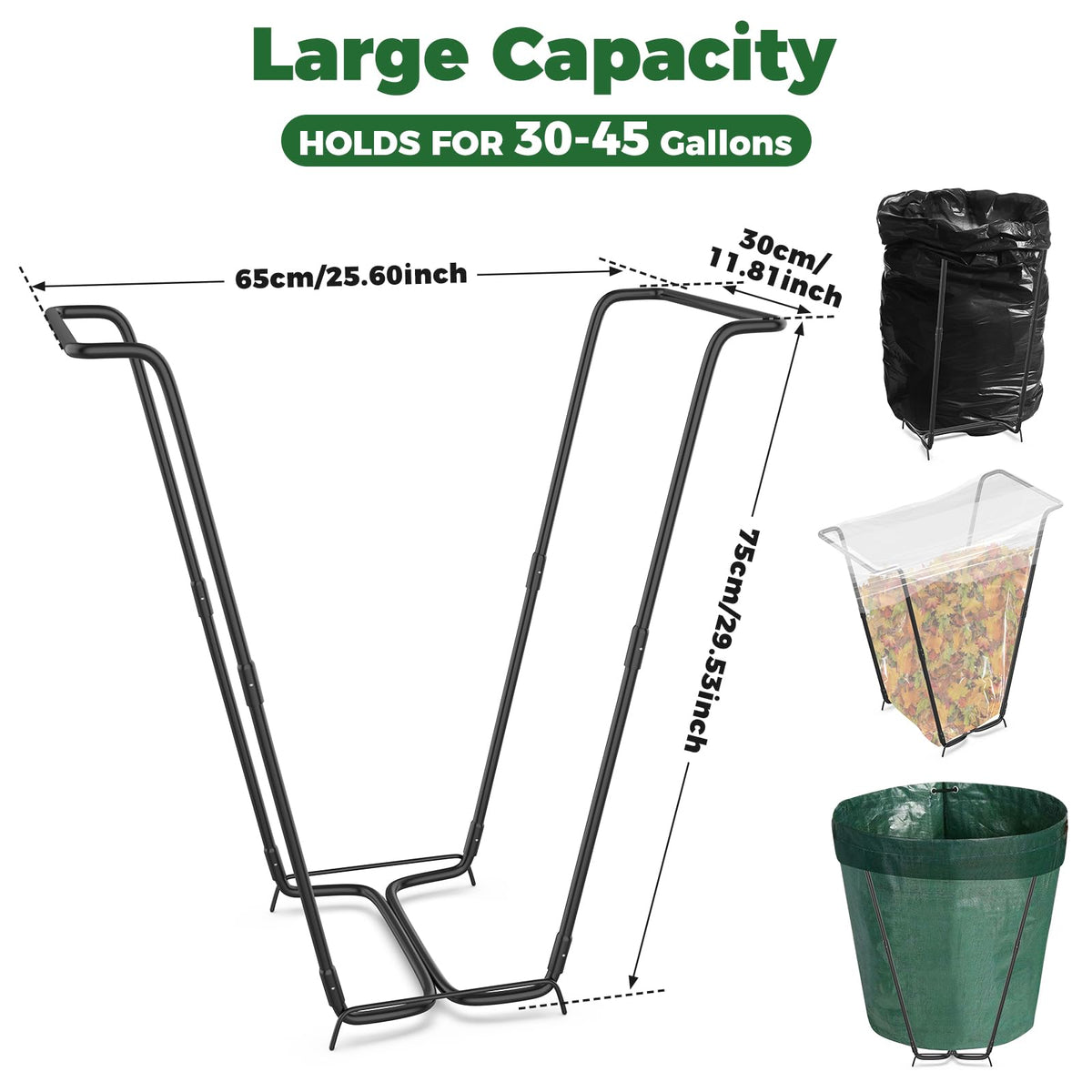 Loyala trash bag holder yard work design supports leaves and debris during outdoor tasks.