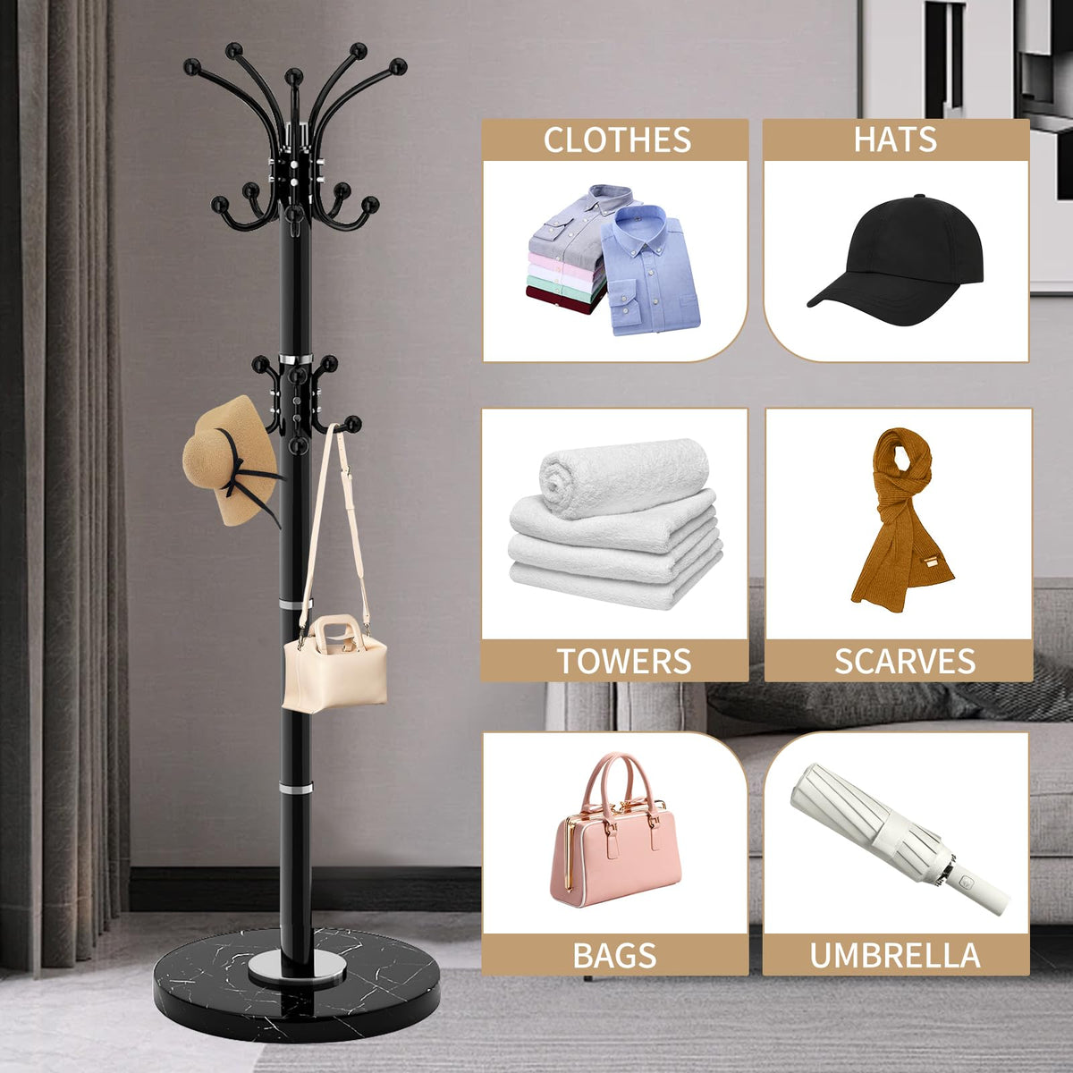 LOZABEE freestanding coat rack placed in an entryway for a modern, sturdy look.