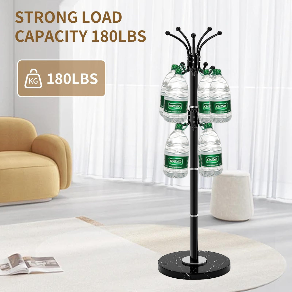 LOZABEE coat rack supporting heavy outerwear and bags on 16 hooks.
