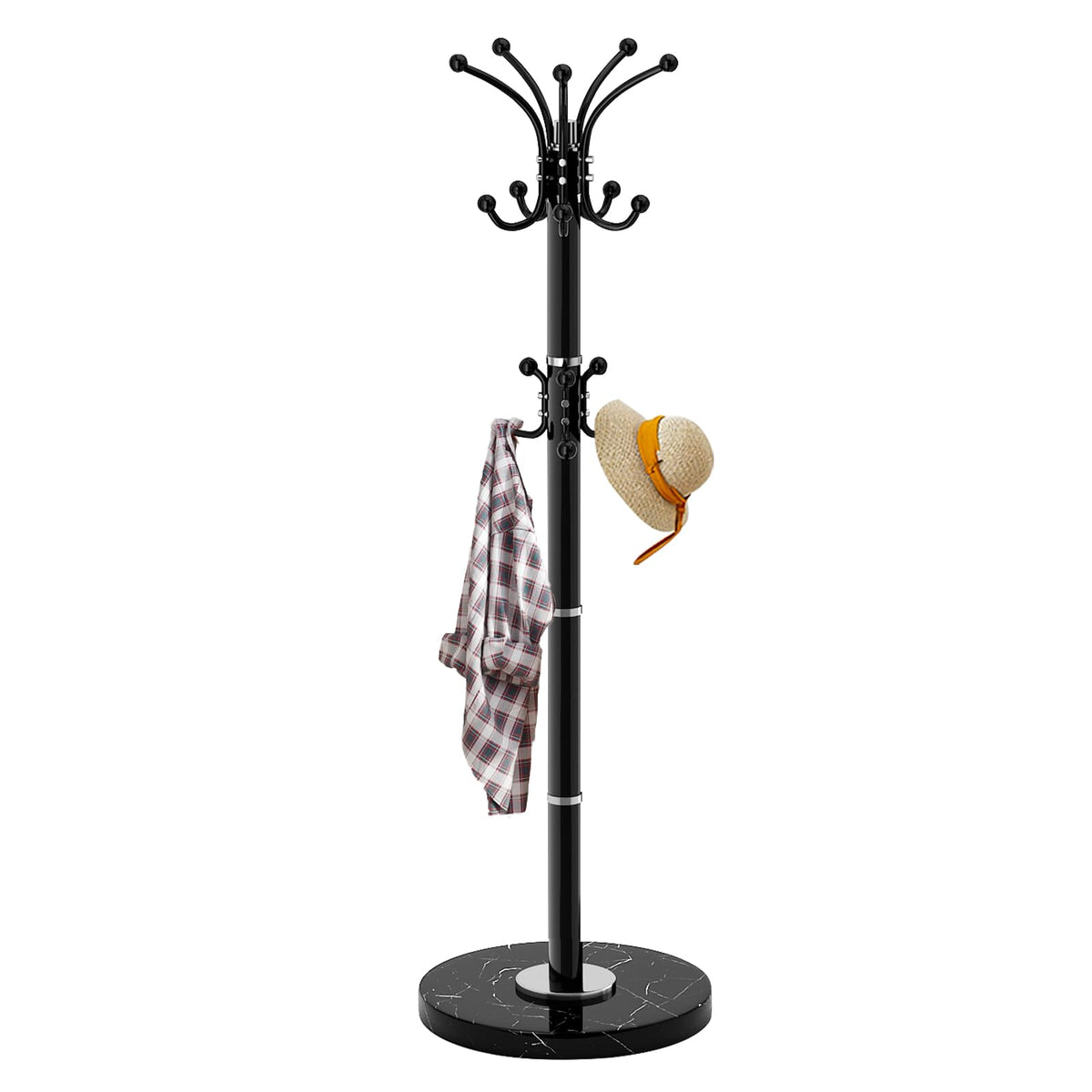 LOZABEE metal coat rack with 16 rotatable hooks and marble base for versatile entryway storage.