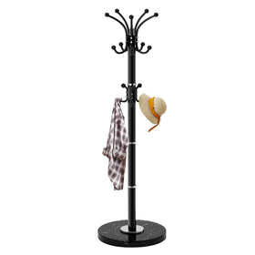 LOZABEE metal coat rack with 16 rotatable hooks and marble base for versatile entryway storage.