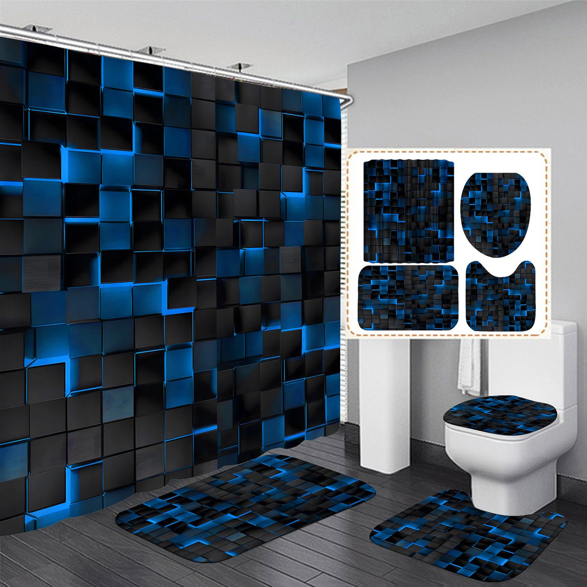 LQCOOL blue shower curtain with 3D cubes, modern and water-repellent