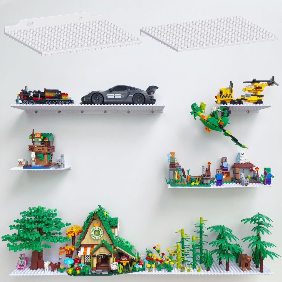 LRANFOW six-pack wall shelves with dual-sided studs for versatile brick display.