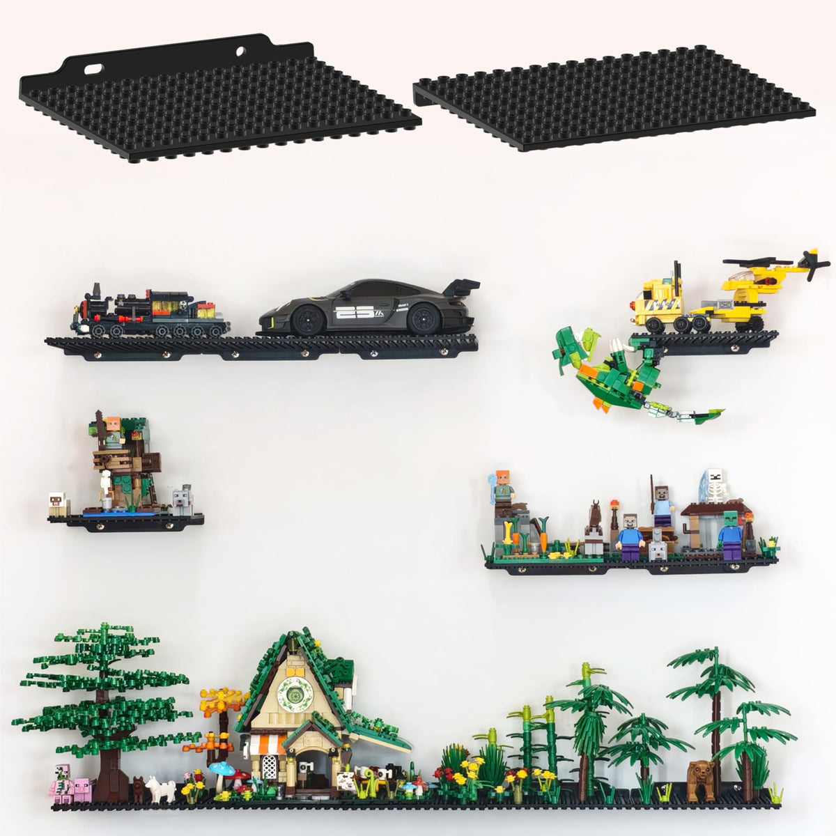 LRANFOW dual-sided Lego wall shelf showing two builds on one display