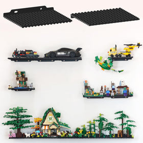 LRANFOW dual-sided Lego wall shelf showing two builds on one display