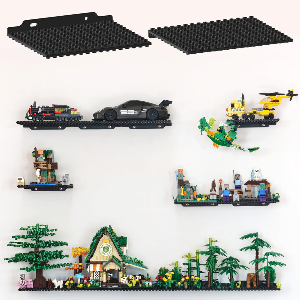 LRANFOW dual-sided Lego wall shelf showing two builds on one display