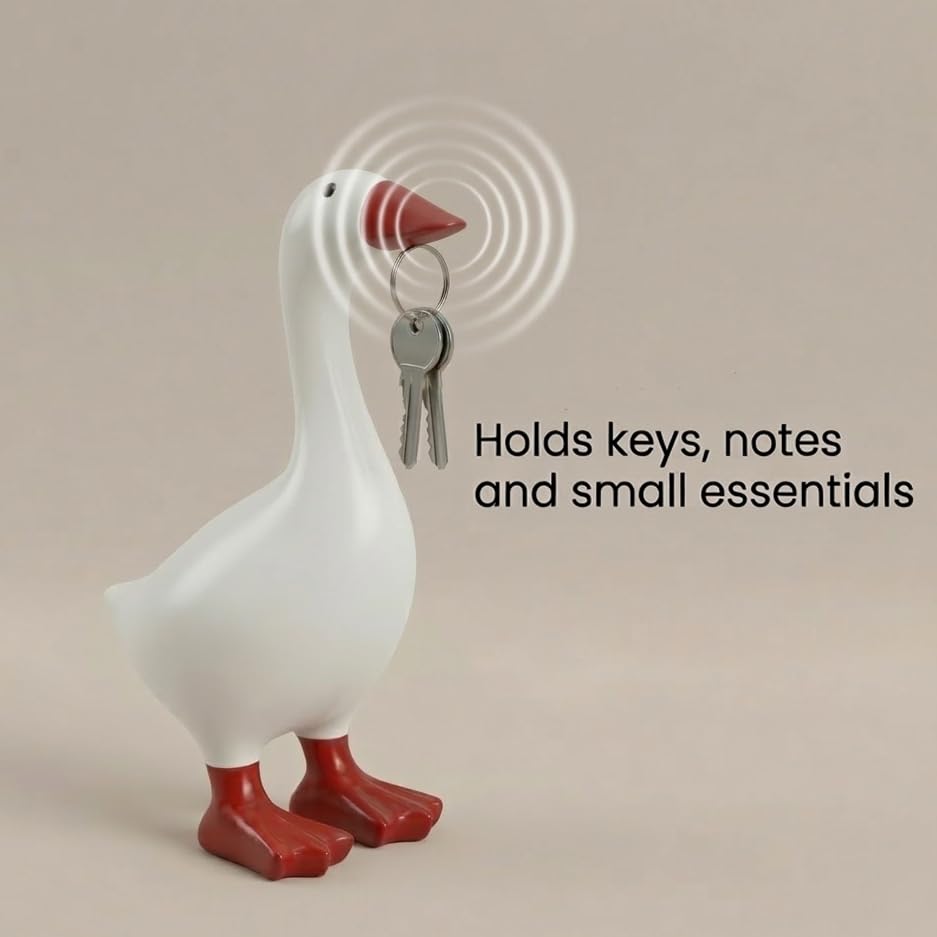 LRNIOT desk goose on a bookshelf showcases its versatile note and keys storage.