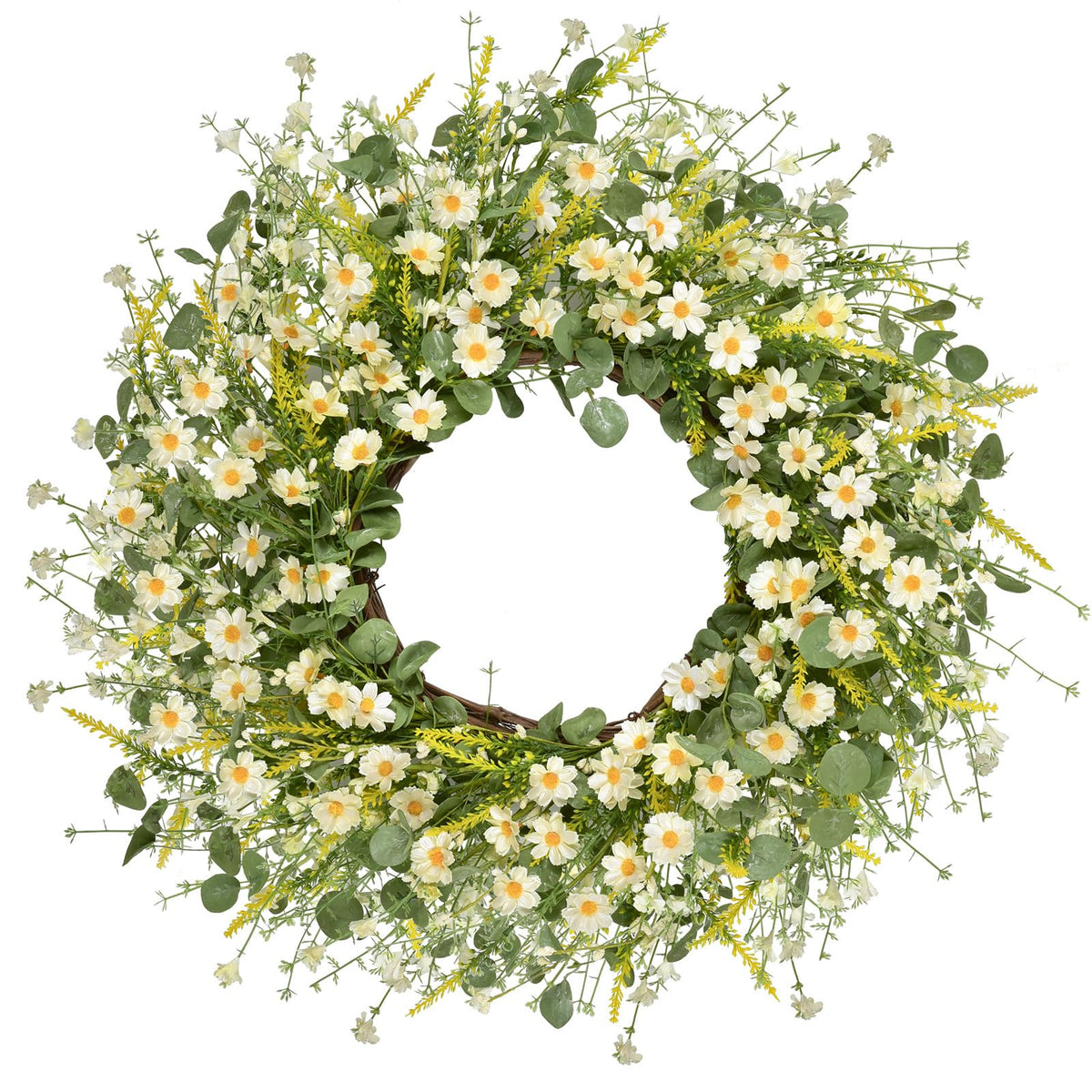 LSKYTOP daisy and eucalyptus wreath on front door adds spring curb appeal