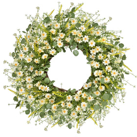 LSKYTOP daisy and eucalyptus wreath on front door adds spring curb appeal