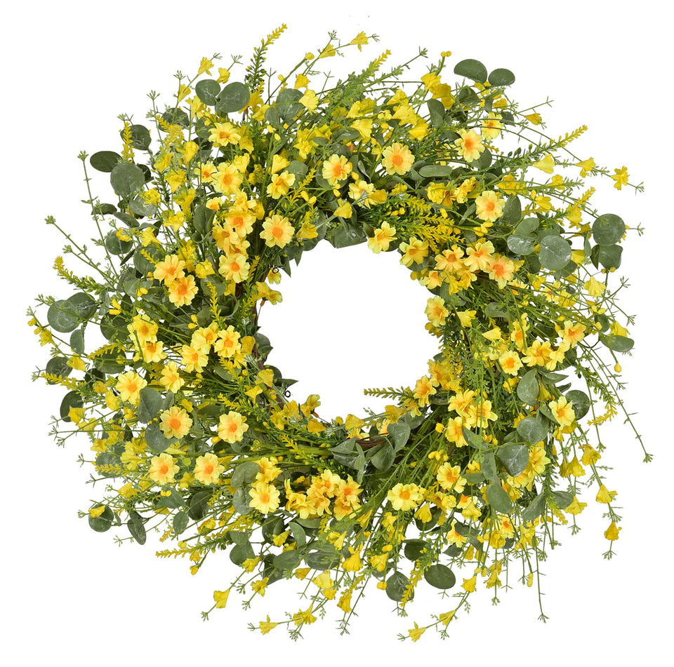 LSKYTOP 24inch daisy and eucalyptus wreath on front door adds springtime curb appeal