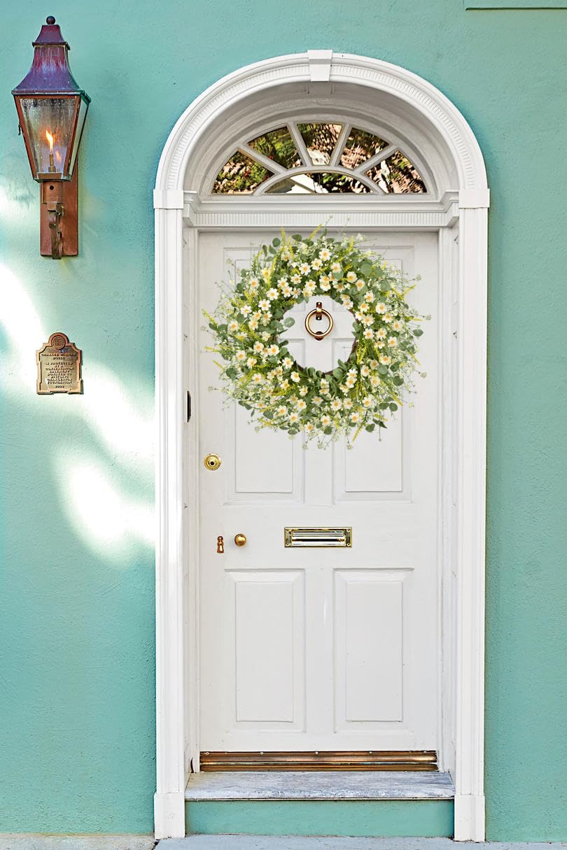 LSKYTOP wreath with white berries and daisies for elegant entryway