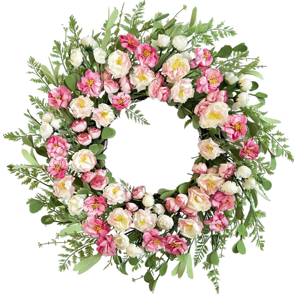 Lslefu 22-inch wreath with white-pink peonies on front door for curb appeal.