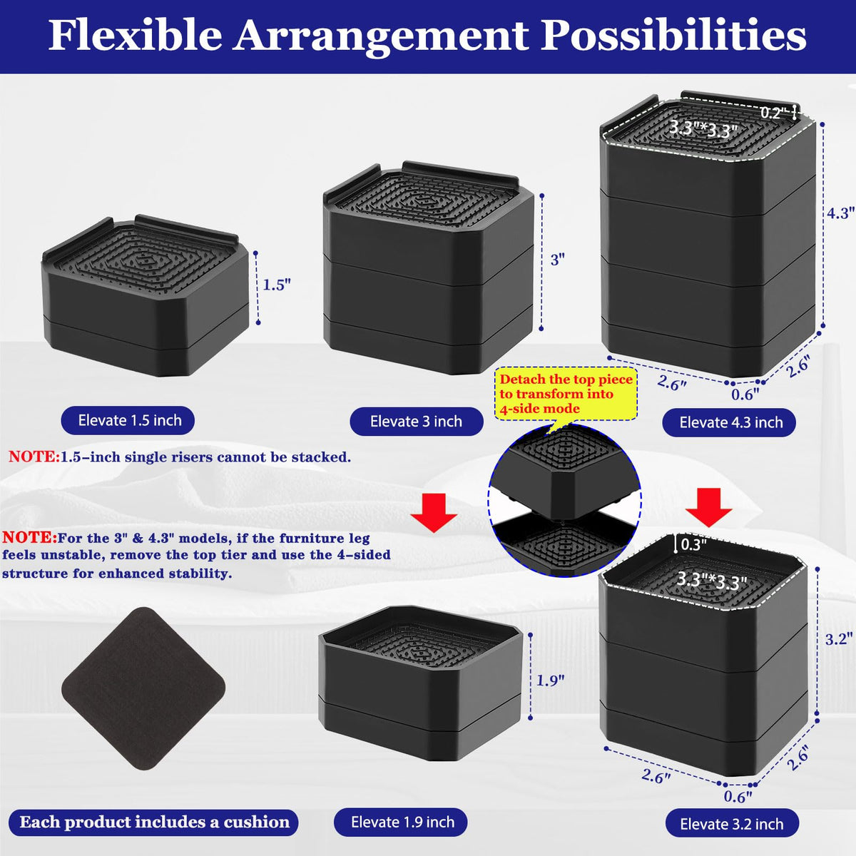 Lsteekoop Bed Risers 3 inch height lift larger furniture for ergonomic seating