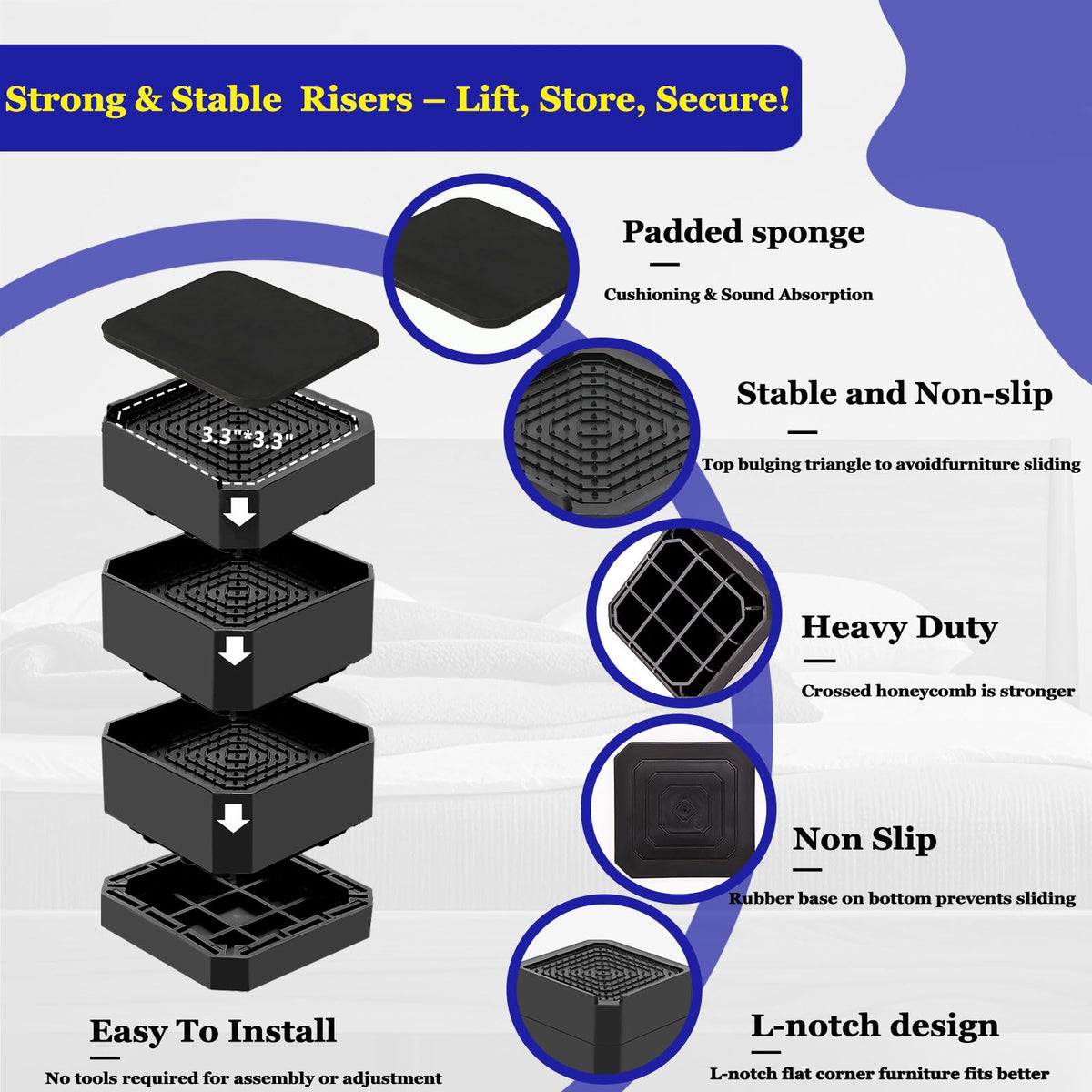 Lsteekoop bed risers include foam padding to cushion movement