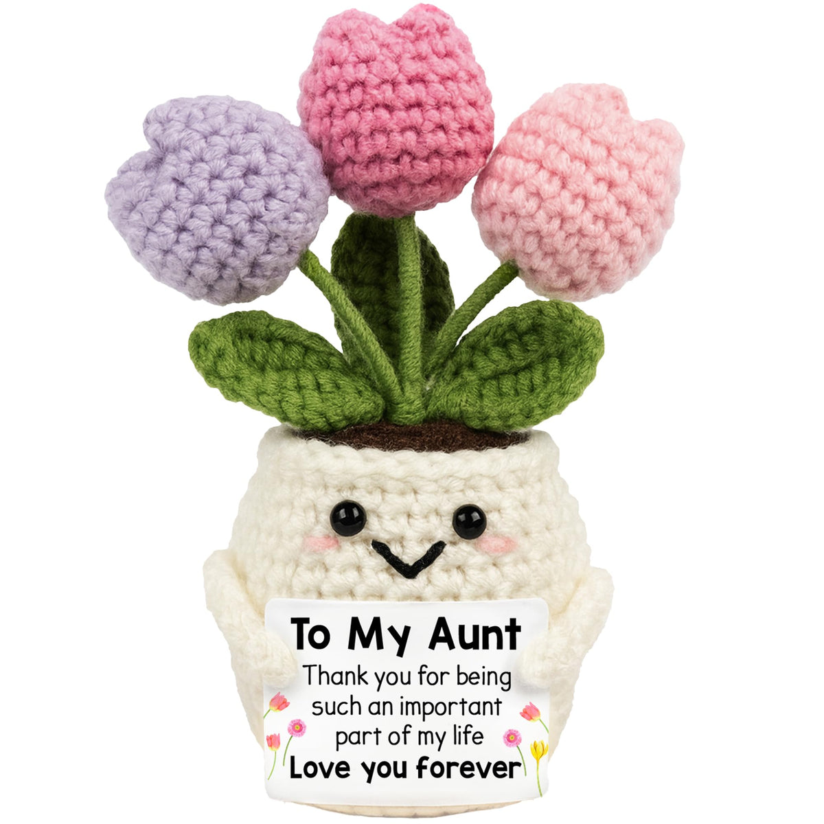 Lucagift Aunt Gifts tulip crochet doll sits charmingly on a shelf, brightening a room.