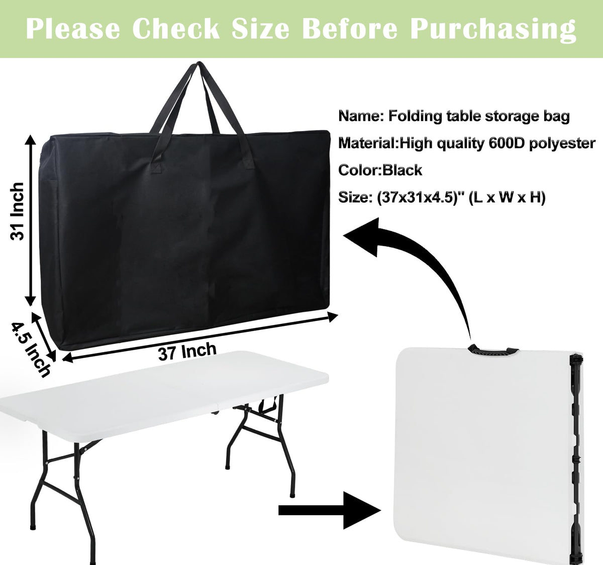 Luccov folding table storage bag open showing interior space.