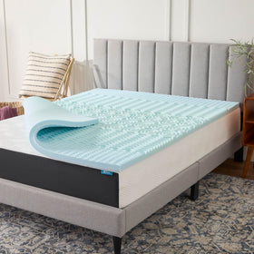 LUCID 2 inch gel memory foam topper on bed offering plush comfort and zone-based support