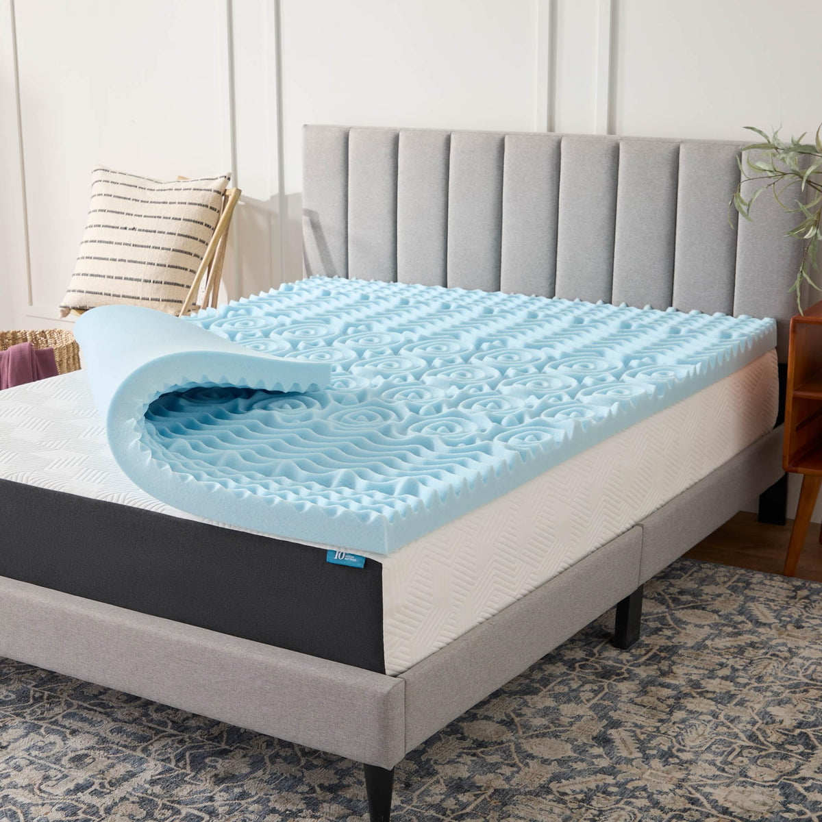 LUCID 3-inch gel memory foam topper on Twin XL bed for plush comfort and support.